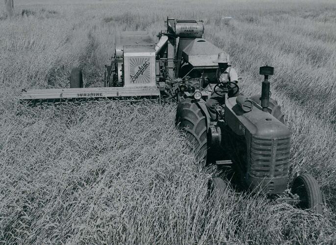 Man driving a tractor coupled to a Header Harvester.