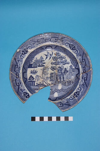 Twiffler Plate - Whiteware, Blue transfer-printed, Willow pattern, Podmore, Walker & Co, England, Tunstall,1834-1859 (Fragment, Flawed)