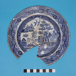 Twiffler Plate - Whiteware, Blue transfer-printed, Willow pattern, Podmore, Walker & Co, England, Tunstall,1834-1859 (Fragment, Flawed)