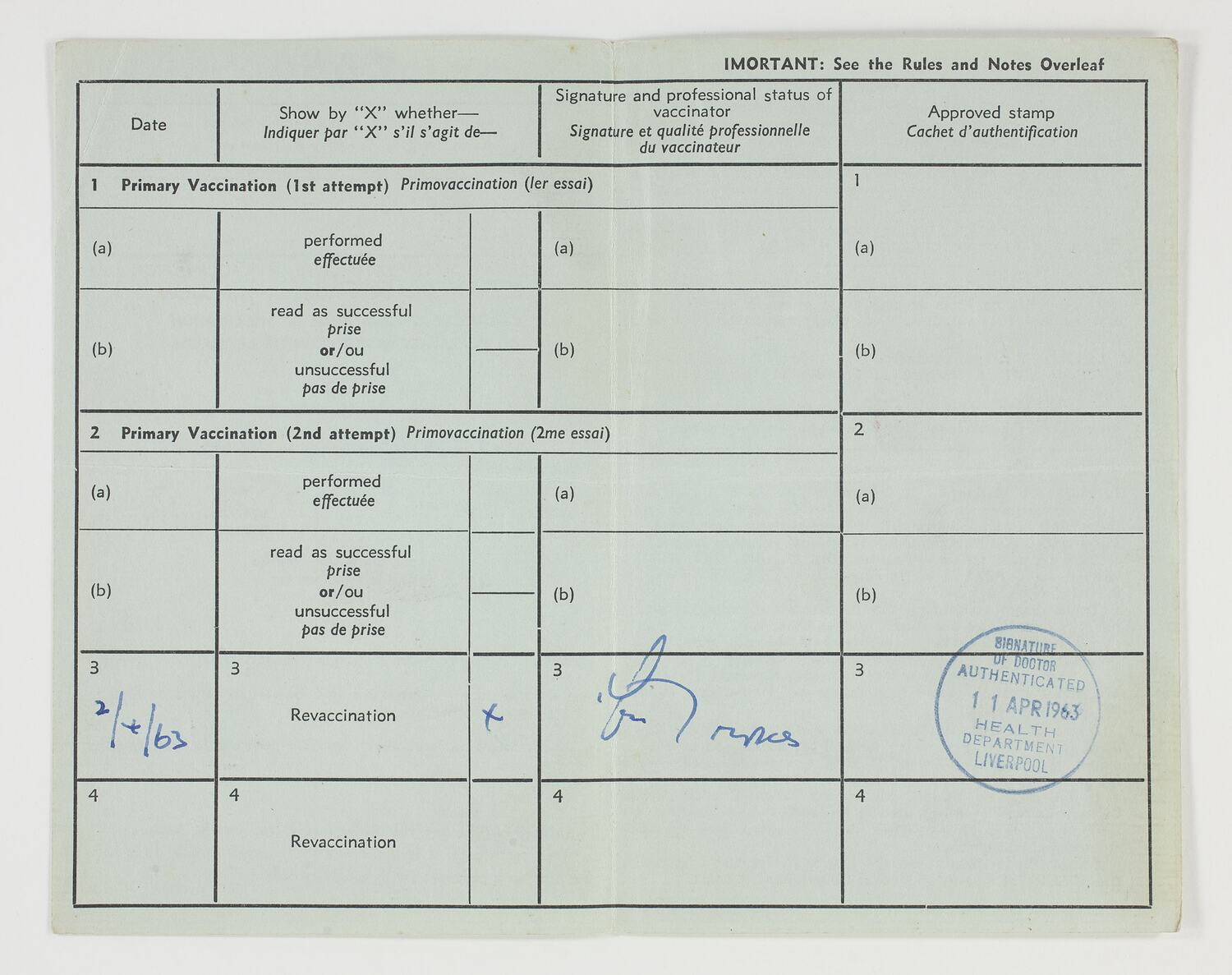 Certificate of Vaccination Smallpox, Julie Myerscough, 1963