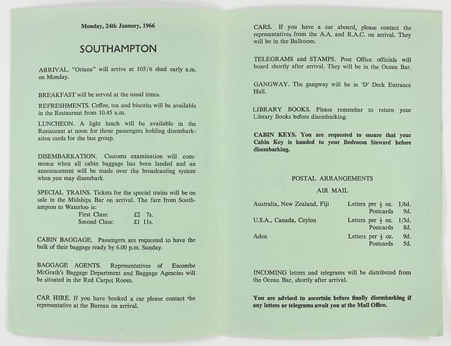 Leaflet - Southampton, P&O Orient Line, Australia to England, 1965