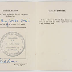 Certificate - Entry Permit, Issued to Mary Louey Gung, Department of Immigration, 31 Jul 1962
