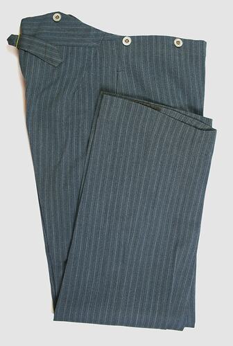 Grey pinstripe trousers with three buttons at waist.