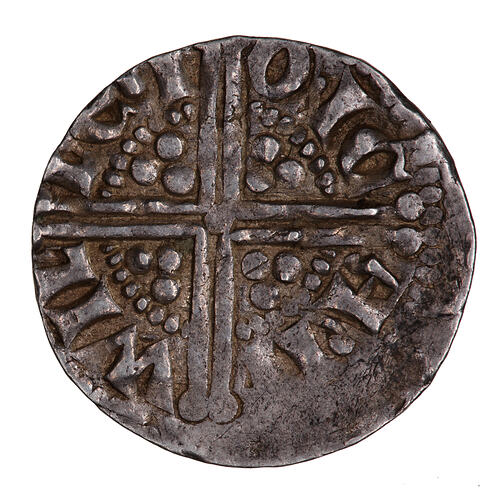 Coin, round, long cross voided which breaks through a beaded circle, a quatrefoil in each angle.