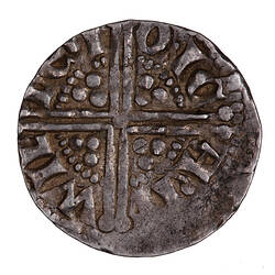 Coin, round, long cross voided which breaks through a beaded circle, a quatrefoil in each angle.