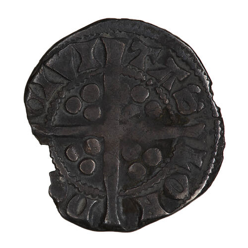 Coin, round, long cross with three beads in the angles; around outside a circle of beads, CIVI TAS LON DO[N].