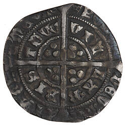 Coin, round, long cross pattee dividing legend; text around in two concentric circles.