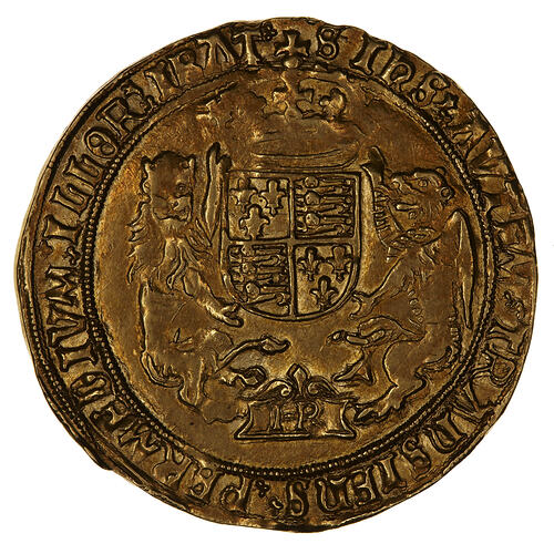 Coin, round, crowned shield quartered with arms of England and France, crowned lion on left, dragon on right.