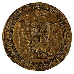 Coin, round, crowned shield quartered with arms of England and France, crowned lion on left, dragon on right.