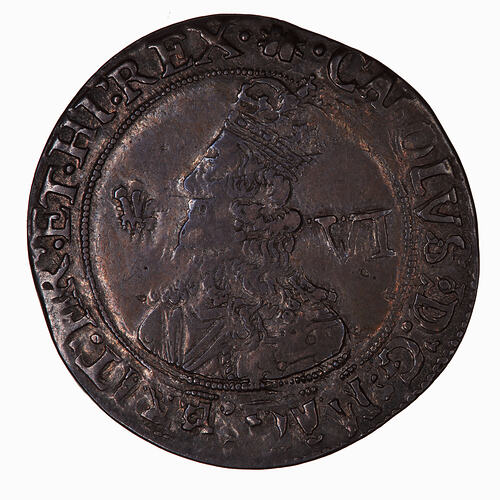Coin, round, at centre within a circle of beads, crowned bust of the King facing left; text around.