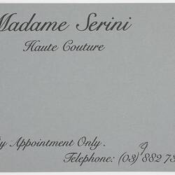 Business Card - 'Madame Serini, Haute Couture', 1971-1994