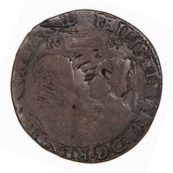 Coin, round, Busts of man and woman face to face below a crown that divides the date 1554; text around.