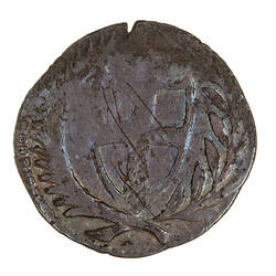 Coin, round, Within a wreath of palm and laurel a shield bearing the cross of St. George.