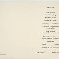 Menu - RMS Otranto, Orient Line, Dinner, The Sovereign's Orb, Jun 1954