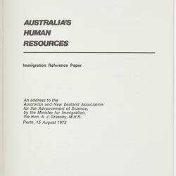 Booklet - Australia's Human Resources, 1973