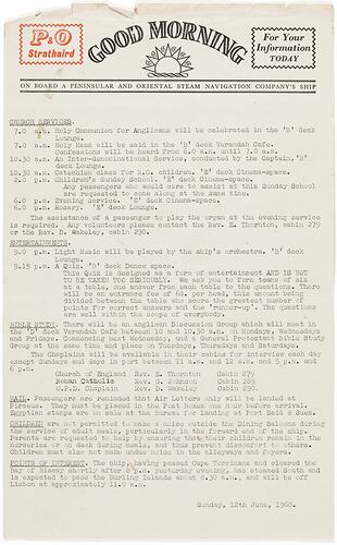 Newsletter - 'Good Morning', P&O Lines, Strathaird, 12 Jun 1960