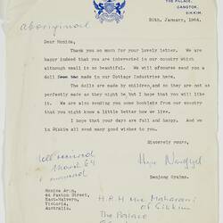 Letter - Denjon Gyalmo to Monica Aron, Request for National Doll, Gangtok, 25 Jan 1964