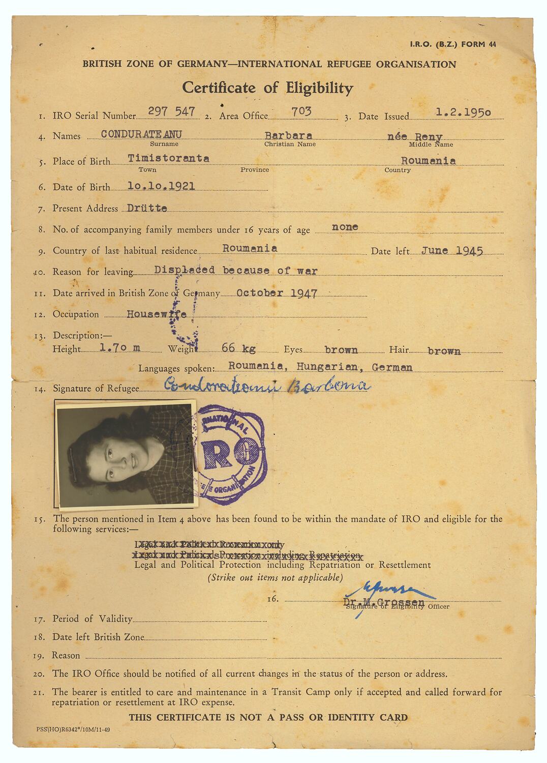 Certificate - Eligibility as Refugee, Issued to Barbara Condurateanu ...