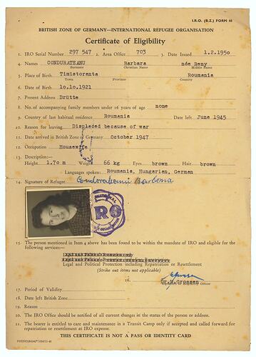 Certificate - Eligibility as Refugee, Issued to Barbara Condurateanu, Germany, 1 Feb 1950