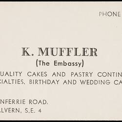 Business Card - Karl Muffler, The Embassy Cake Shop, 1935-1938