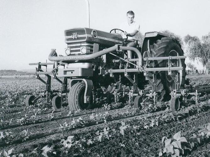 Man driving a tricycle wheel tractor, fitted with mid and rear mounted cultivating tools, though a field.