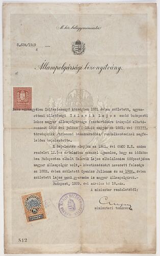 Nationality Paper - Issued to Lajos Szlavik, Budapest, Hungary, 1929