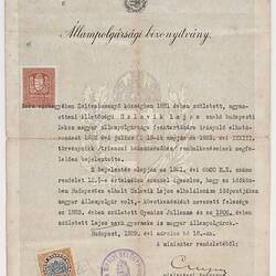 Nationality Paper - Issued to Lajos Szlavik, Budapest, Hungary, 1929