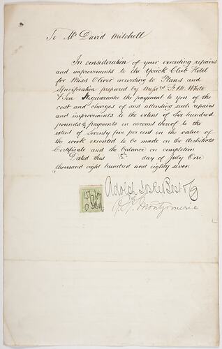 Contract - David Mitchell, Yorick Club Hotel, 15 Jul 1887