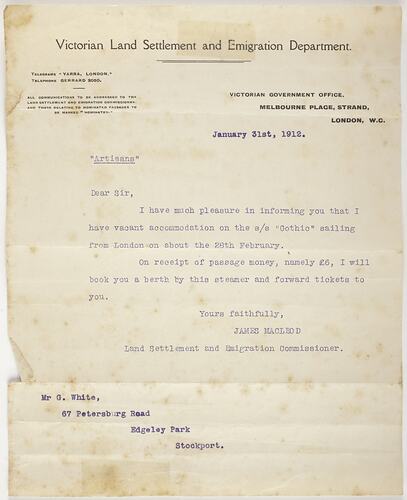 Letter - James MacLeod to George White, Berth available on SS Gothic, 31 Jan 1912