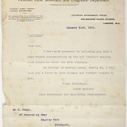 Letter - James MacLeod to George White, Berth Available on SS Gothic, 31 Jan 1912