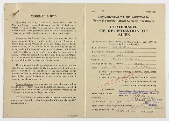 Certificate - Registration of Alien, Issued to Sam Ah Choc
