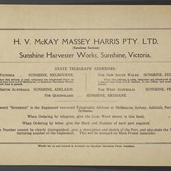Parts List - H.V. McKay Massey Harris, 'Sunshoe Seed Planter & Fertilizer', 1933