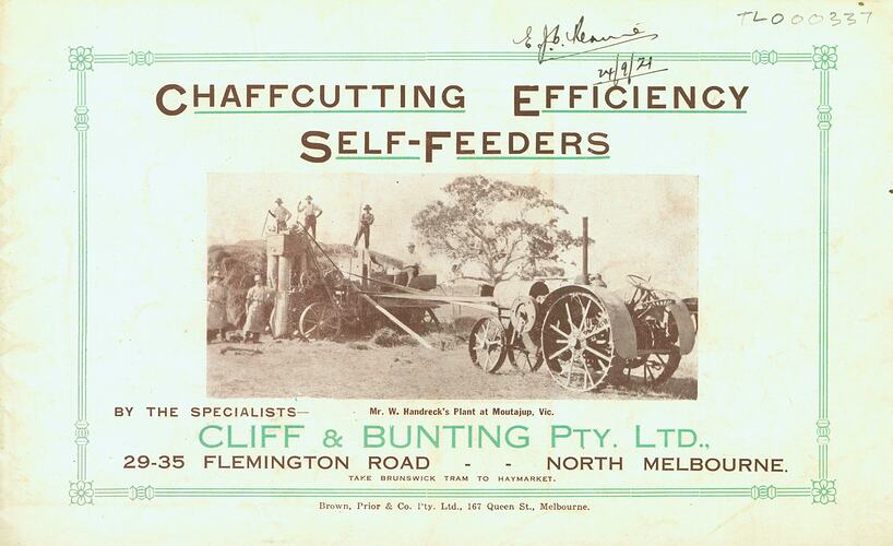 Cliff & Bunting, 'Chaffcutting Efficiency Self-Feeders', circa 1921