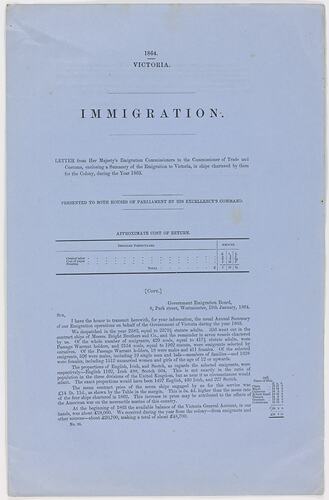 Parliamentary Paper - Immigration, Parliament of Victoria, Colony of Victoria