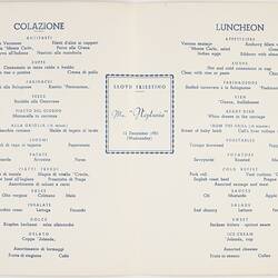 Menu - MN Neptunia, Lloyd Triestino Line, Lunch, 12 Dec 1951