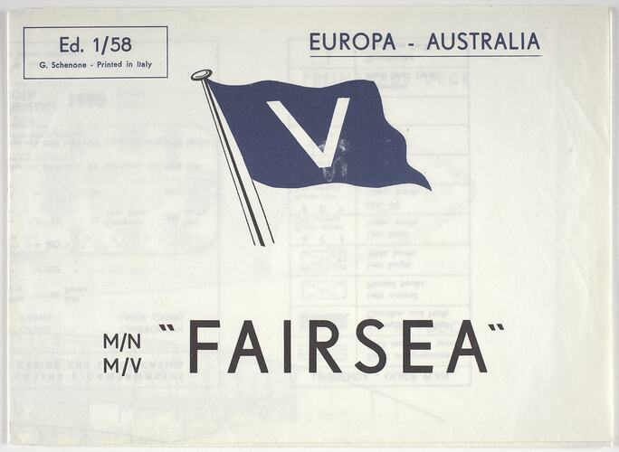 White sheet with blue printed flag with a white V. Printed blue text above and black below.
