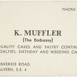 Business Card - Karl Muffler, The Embassy Cake Shop