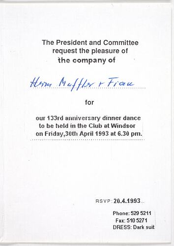 Printed invitation to an anniversary dinner dance.
