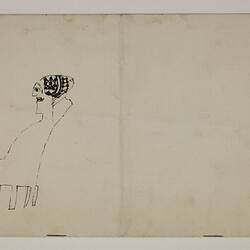 Off-white page with drawing showing a person sitting on a chair.