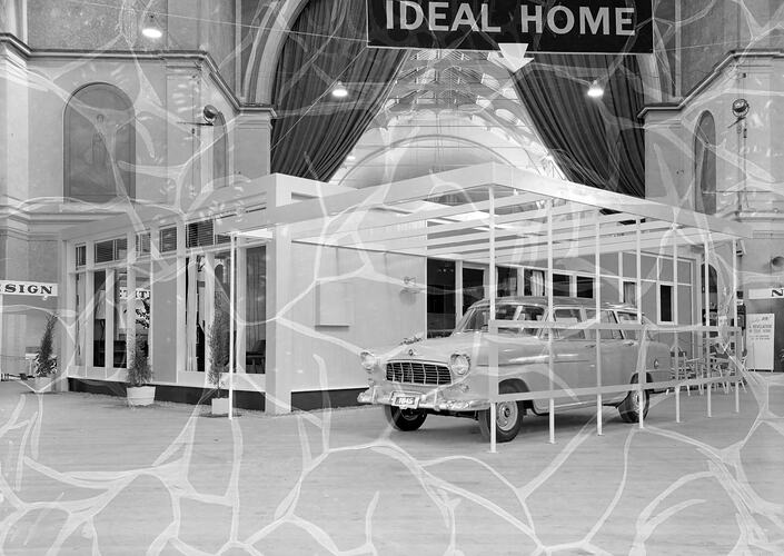 Display Home and Car, Ideal Home Exhibition, Exhibition Building, Carlton, Victoria, May 1957