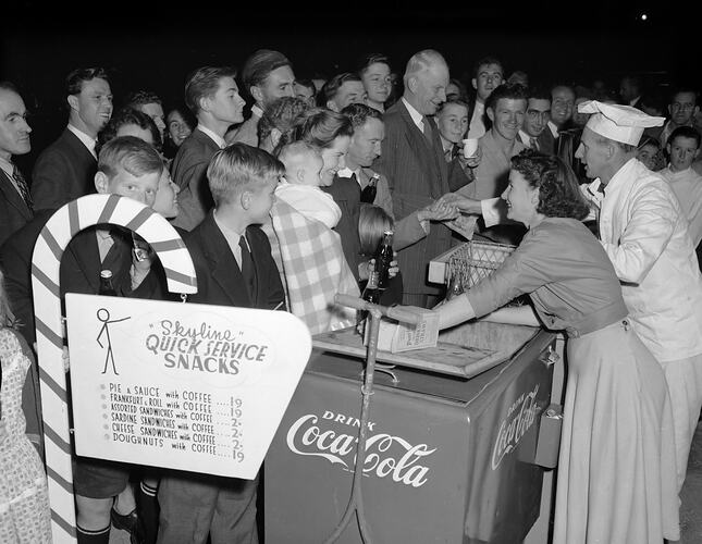 Negative - Coca-Cola, Crowd Buying Drinks, Skyline Theatre, Burwood, Victoria, Mar 1954