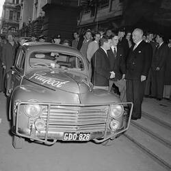 Negative - Redex, Crowd Surrounding a Peugeot Motor Car, Melbourne Town Hall, Melbourne, Victoria, May 1954