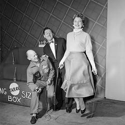 Negative - Evie Hayes, Ron Blaskett and Fred Kaye at the GTV9 Television Studios, Richmond, Victoria, 1958