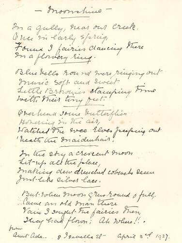 Poem About Bungeeltap - Written by Aunt Ada for Hope Macpherson, Hamilton, 3 Apr 1927