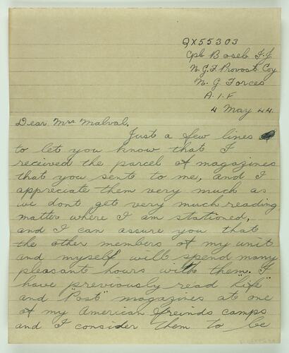 Letter - Ivan Bosel, to Margaret Malval, Thank You for the Magazines, 4 May 1944