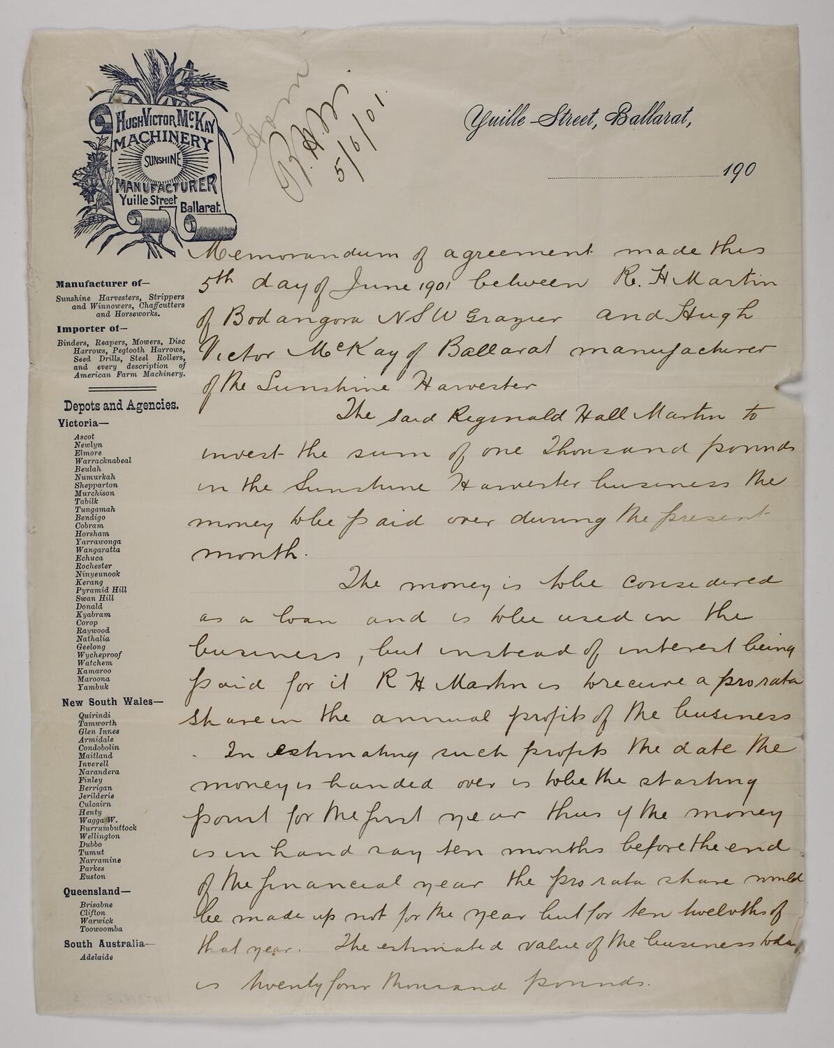 Memorandum of Agreement - H.V. McKay & R. H. Martin, 5 Jun ...