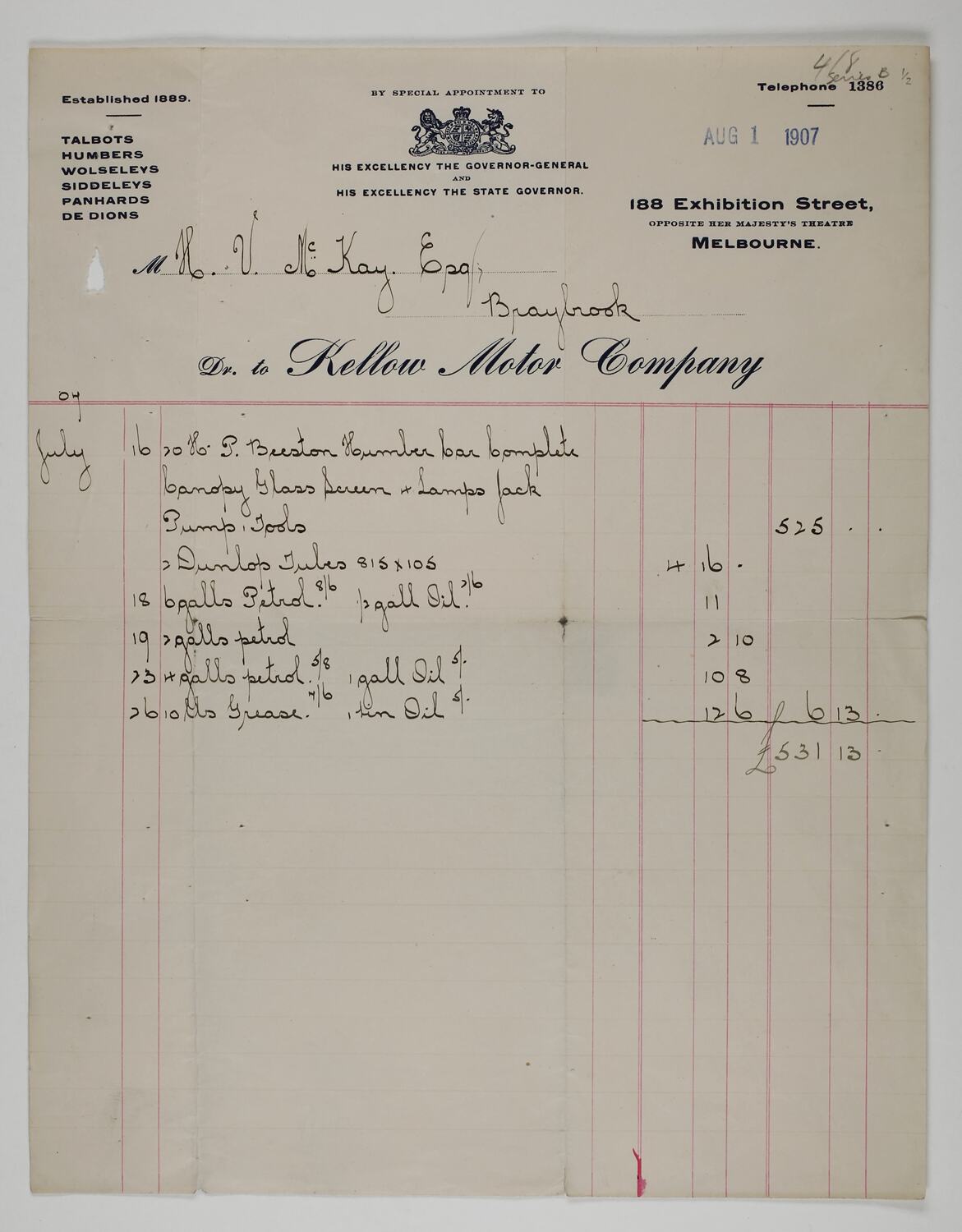 Invoice - Kellow Motor Company, Beeston Humber Car, 1 Aug 1907