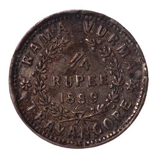 Coin - 1/4 Rupee, Travancore, India, 1889