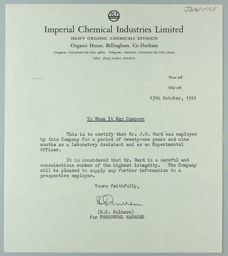 Reference - 'Imperial Chemical Industries Limited', Billingham UK, 13 Oct 1961