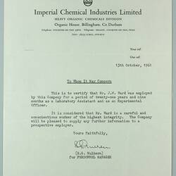 Reference - 'Imperial Chemical Industries Limited', Billingham, England, 13 Oct 1961